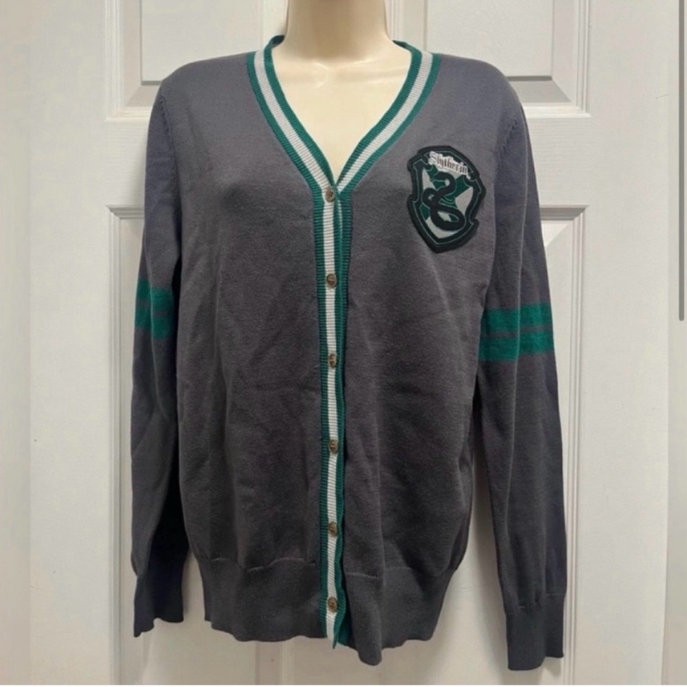 Harry Potter Slytherin Gray Cardigan Green/White Trim Button Up - Small - EUC